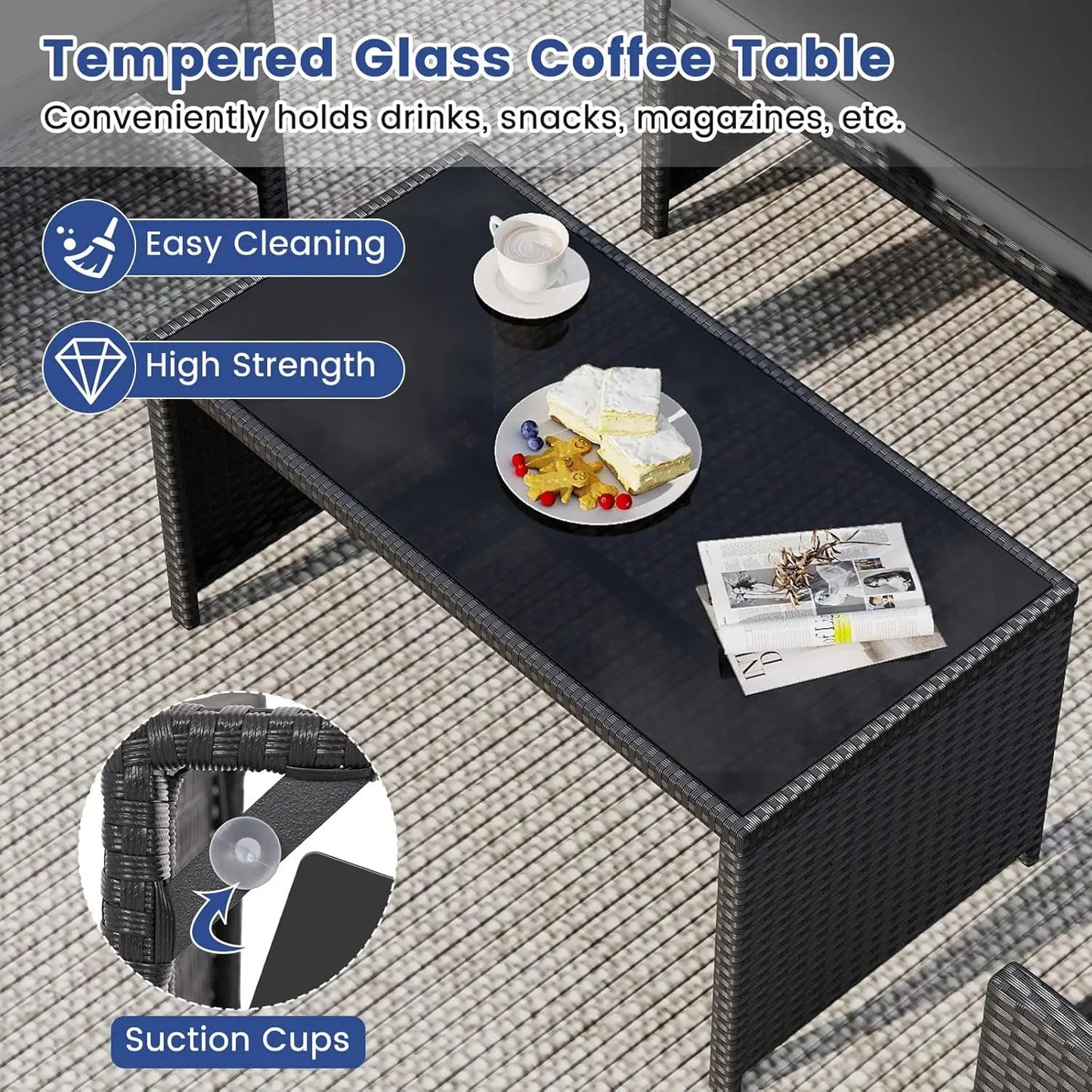 4 Pieces Patio Wicker Furniture Set, Outdoor Heavy Duty Rattan Cushioned Chairs, Loveseat and Tempered Glass Coffee, Customized
