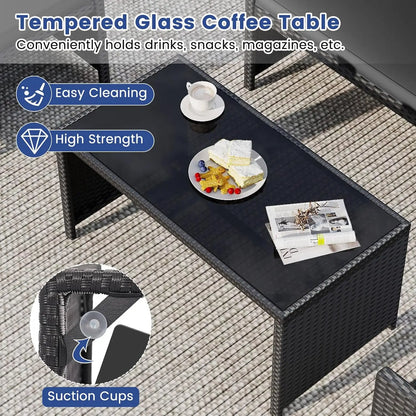 4 Pieces Patio Wicker Furniture Set, Outdoor Heavy Duty Rattan Cushioned Chairs, Loveseat and Tempered Glass Coffee, Customized