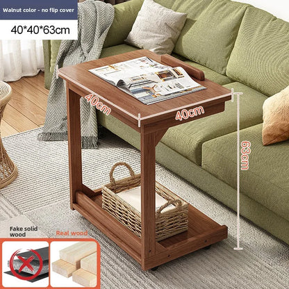 Mobile solid wood coffee table, living room storage rack, living room sofa flip side table, bedroom solid wood bedside table