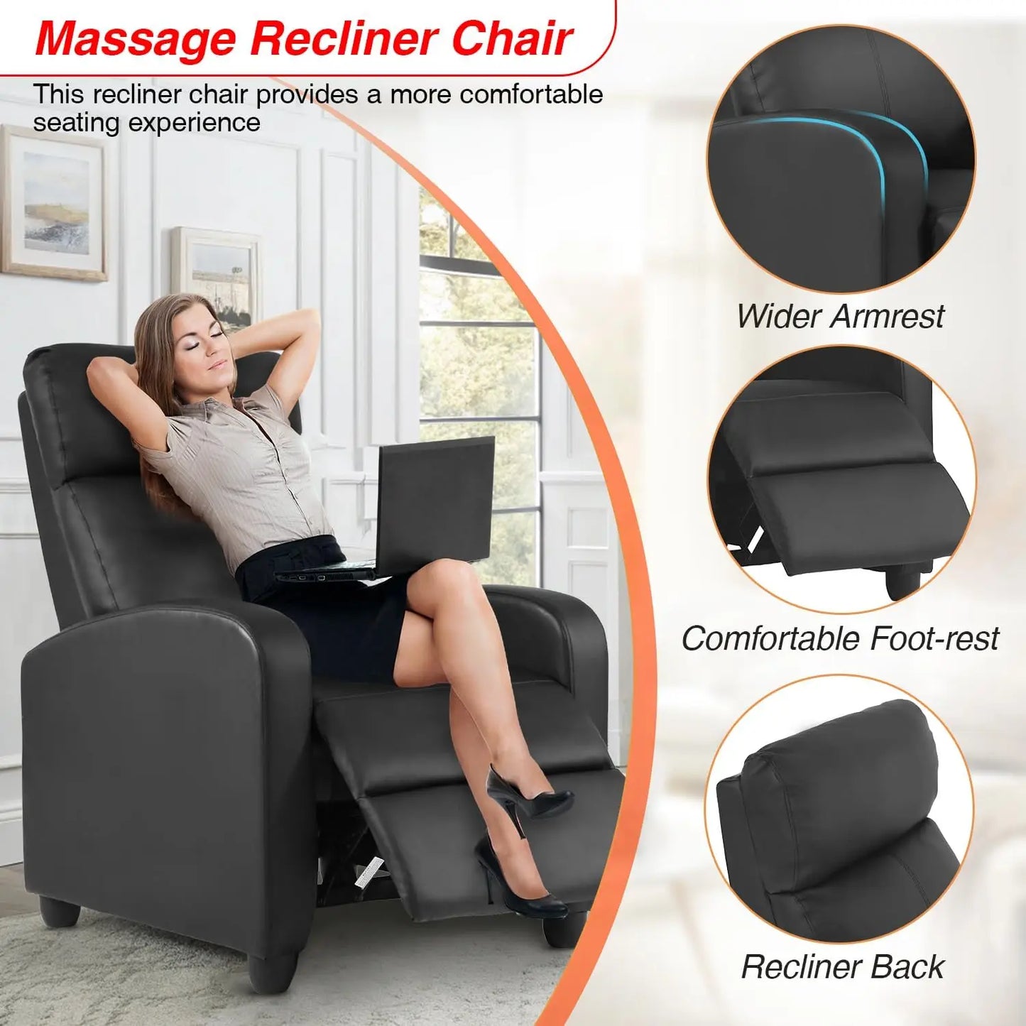 Massage Recliner Sofa with Lumbar Support and Adjustable Backrest