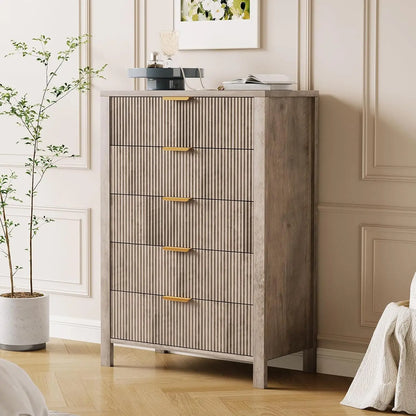 5 Drawers Oak Tall Wooden Dressers with Gold Handles for Closet Storage Cabinet Organizer Drawers for Living Room Bedroom
