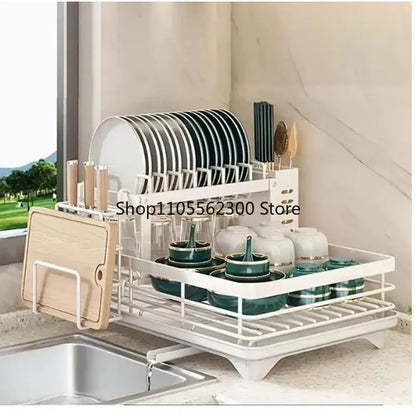 Double-Tier Extendable Dish Drainer – Large-Capacity Utensil Rack & Draining Board for Kitchen Worktops