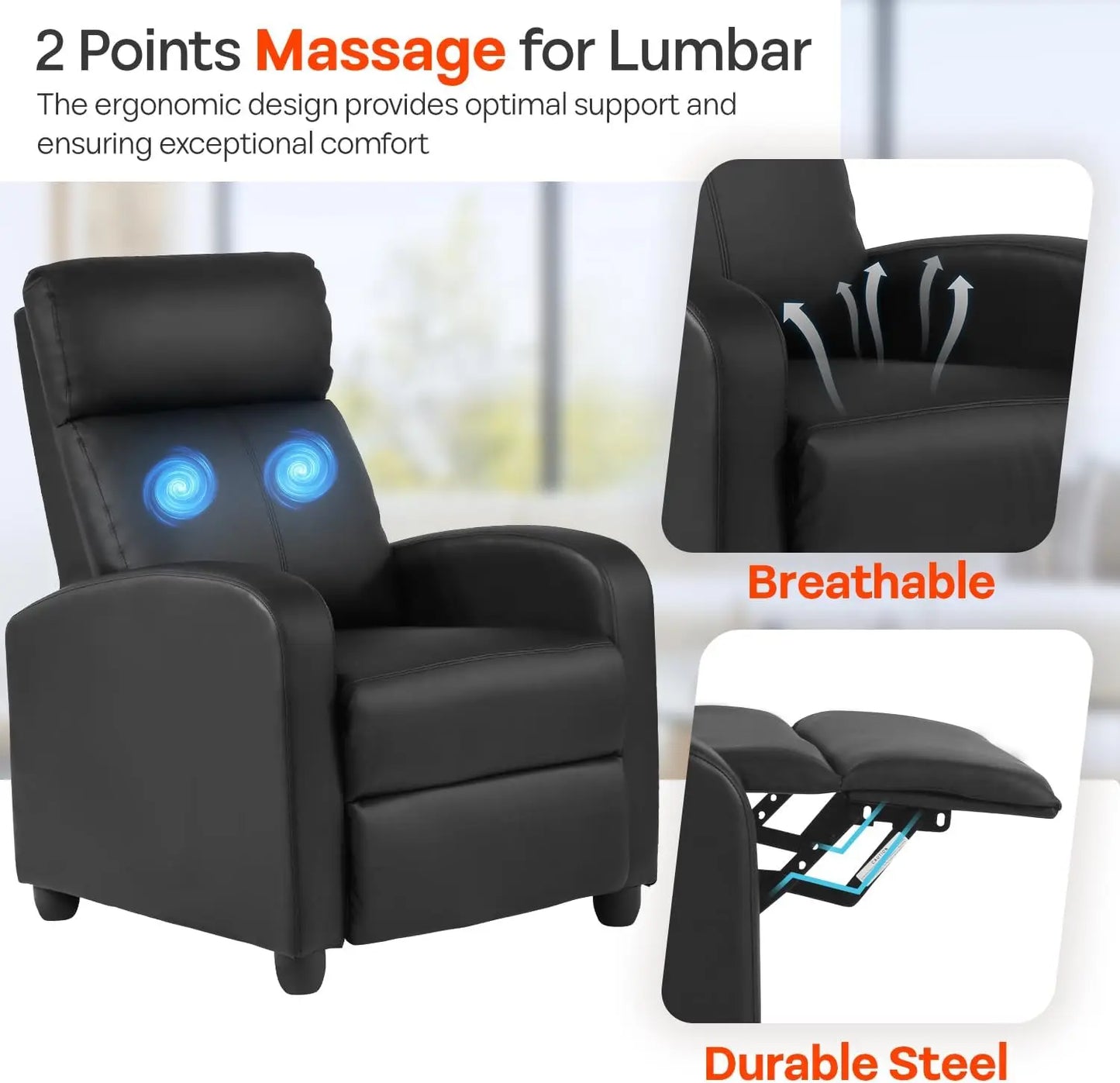 Massage Recliner Sofa with Lumbar Support and Adjustable Backrest