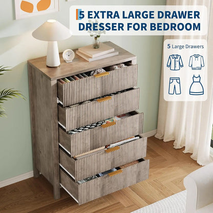 5 Drawers Oak Tall Wooden Dressers with Gold Handles for Closet Storage Cabinet Organizer Drawers for Living Room Bedroom