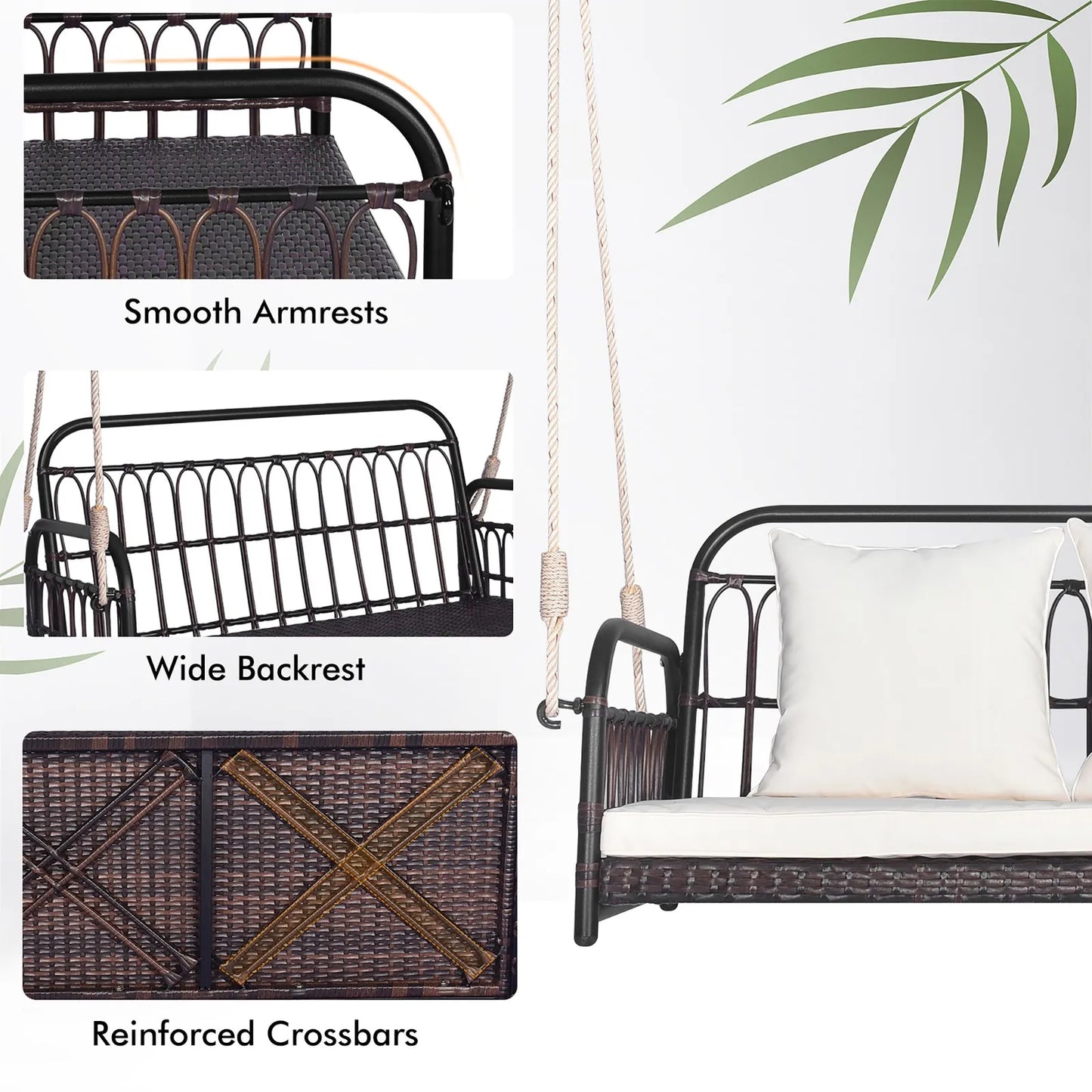 Wicker Porch Swing 2-Person Outdoor Patio Hanging Chair w/ Cushions Mix Brown