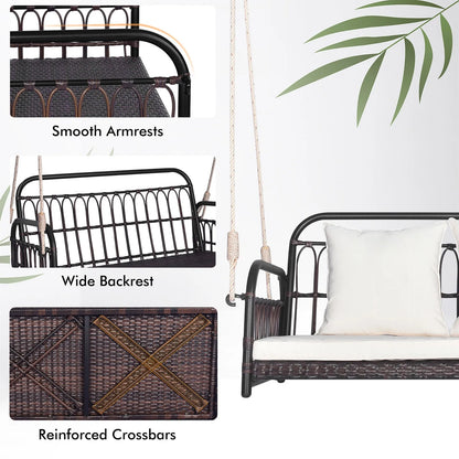 Wicker Porch Swing 2-Person Outdoor Patio Hanging Chair w/ Cushions Mix Brown
