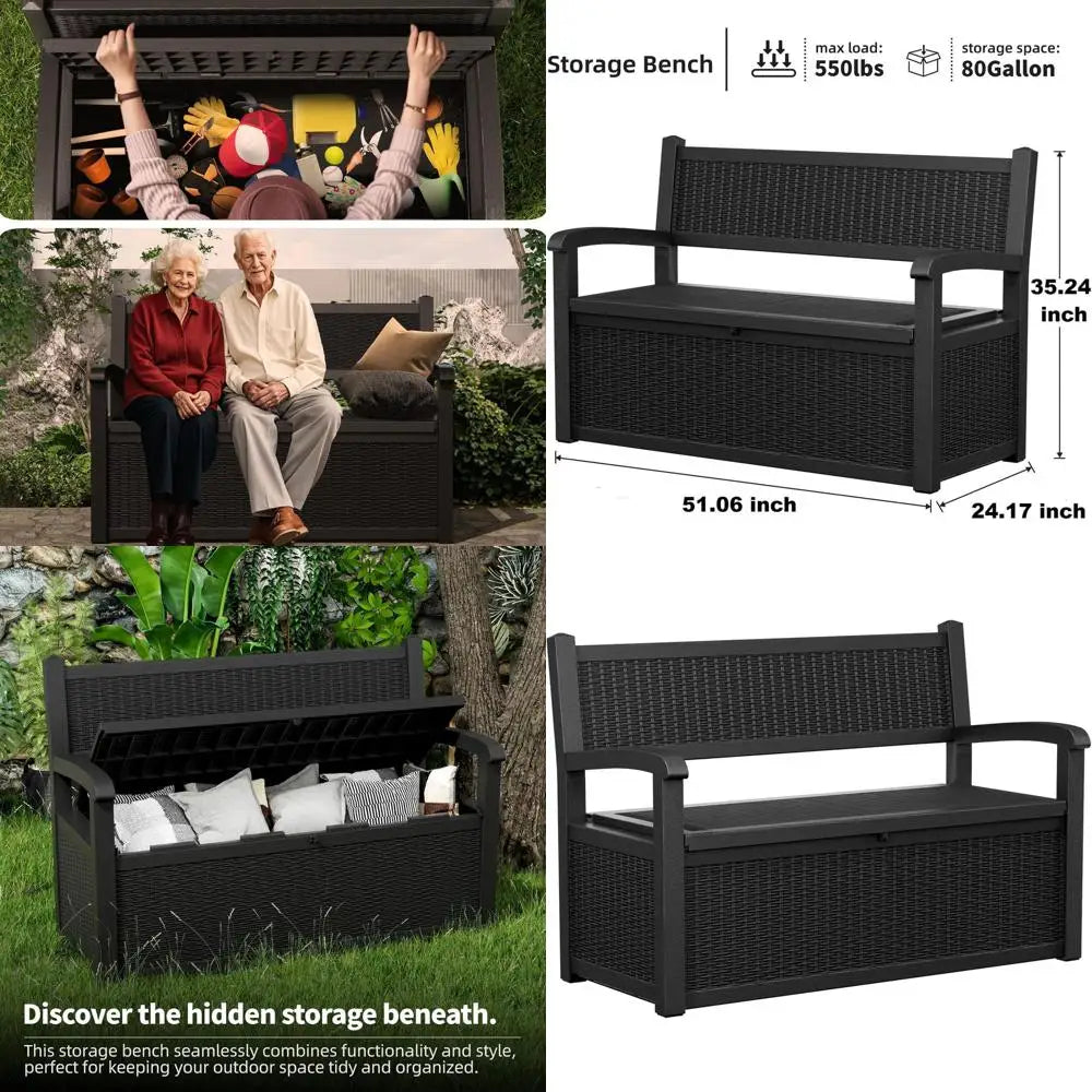 80 Gallon Lockable Outdoor Storage Bench for Patio, Garden, and Porch - Black