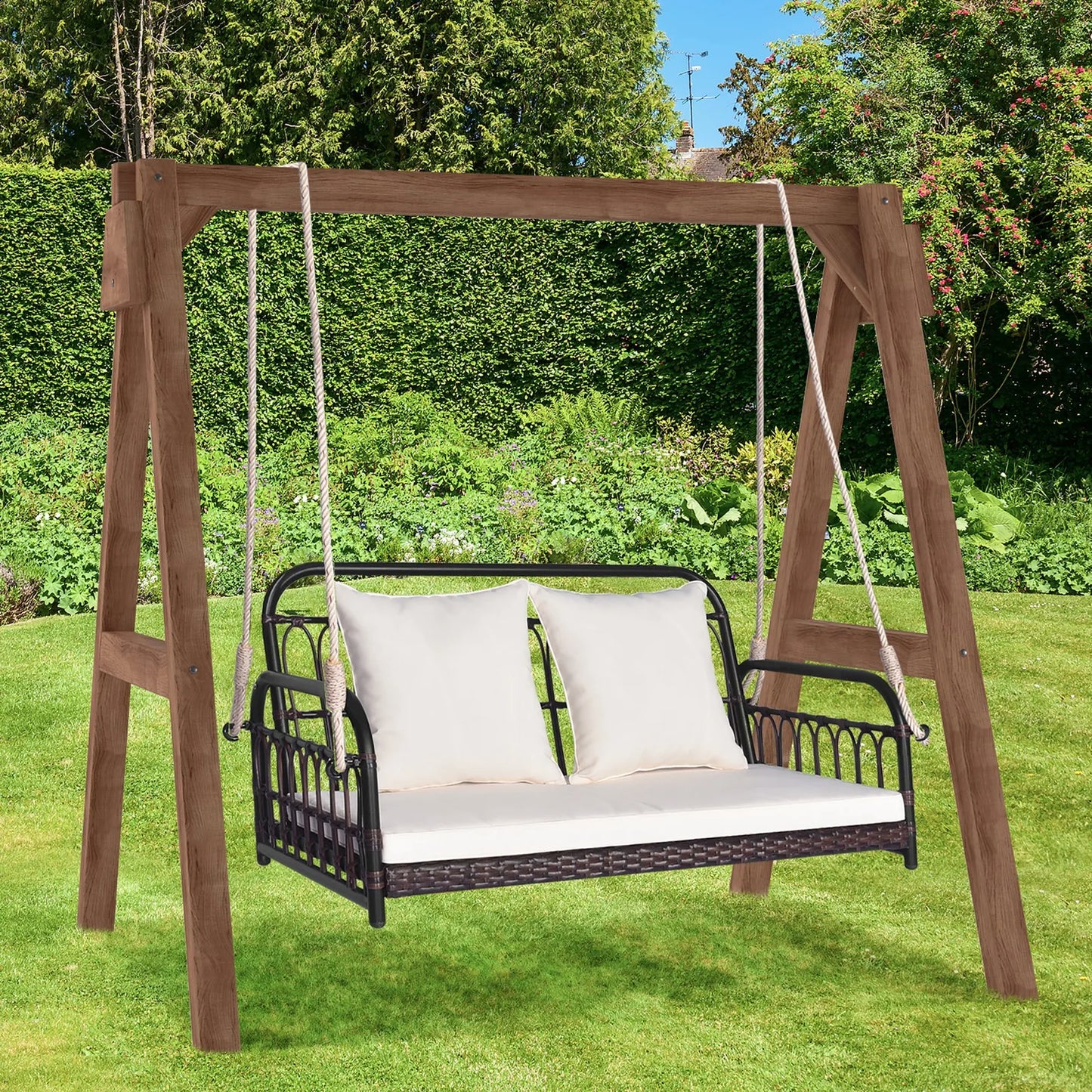 Wicker Porch Swing 2-Person Outdoor Patio Hanging Chair w/ Cushions Mix Brown