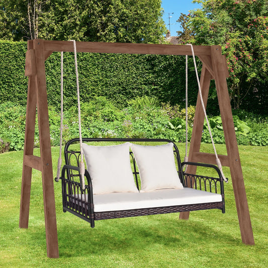 Wicker Porch Swing 2-Person Outdoor Patio Hanging Chair w/ Cushions Mix Brown