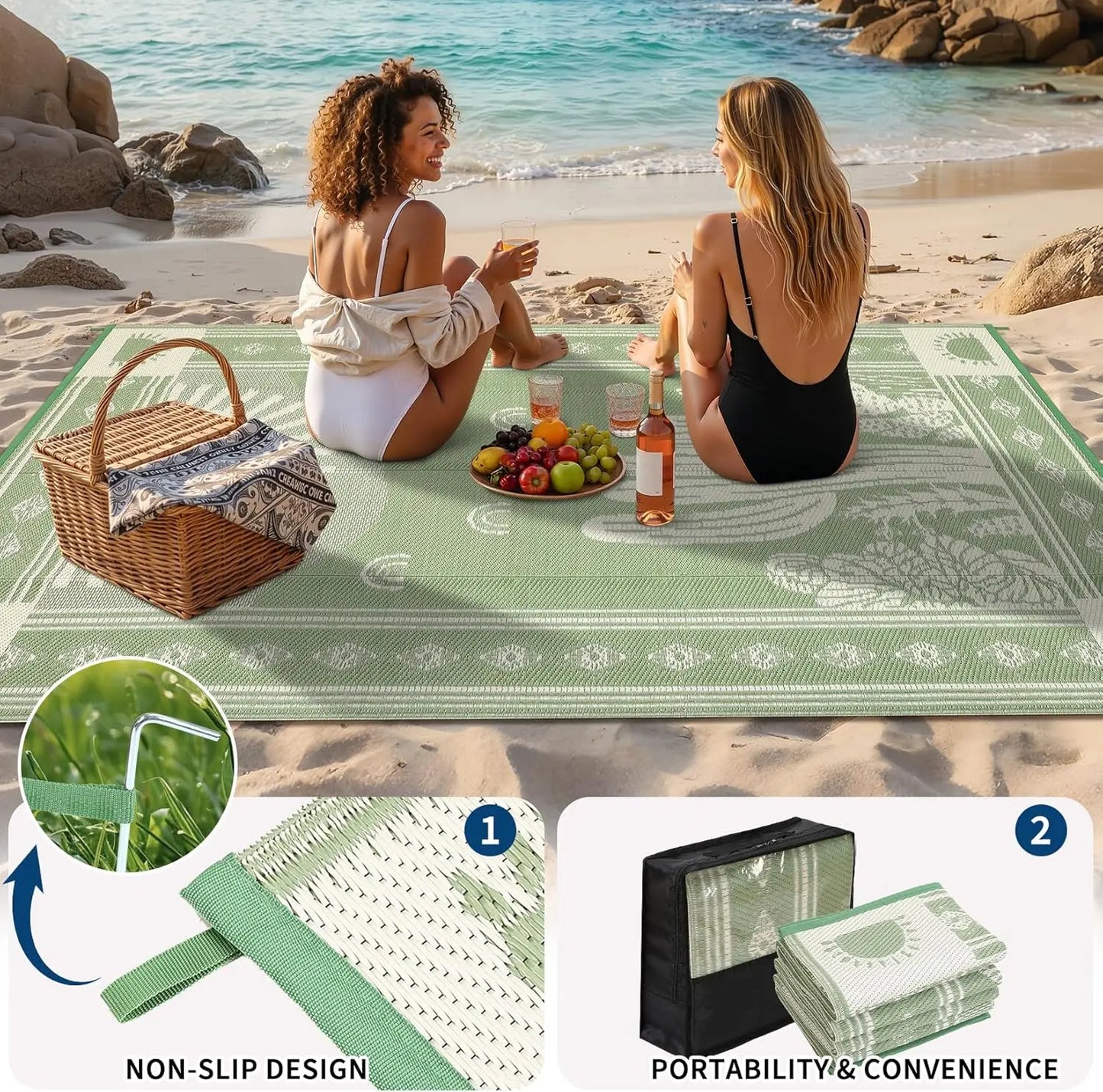 Waterproof Outdoor Rug 5x8, Cactus Botanical Reversible Mat for Camping, RV, Porch, Deck, Backyard, Balcony, Picnic, Sage Green