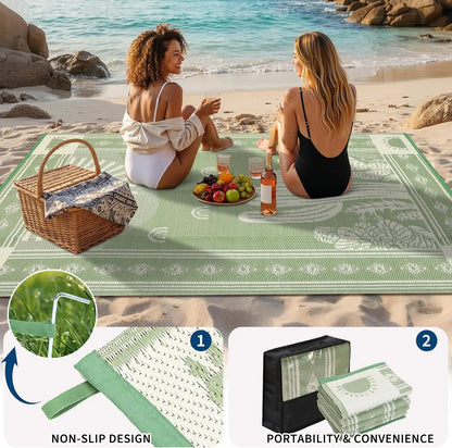 Waterproof Outdoor Rug 5x8, Cactus Botanical Reversible Mat for Camping, RV, Porch, Deck, Backyard, Balcony, Picnic, Sage Green