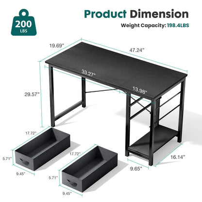 Computer Desk with 2 Drawers For Study Office Gaming Wood Table with Adjustable Position Drawers