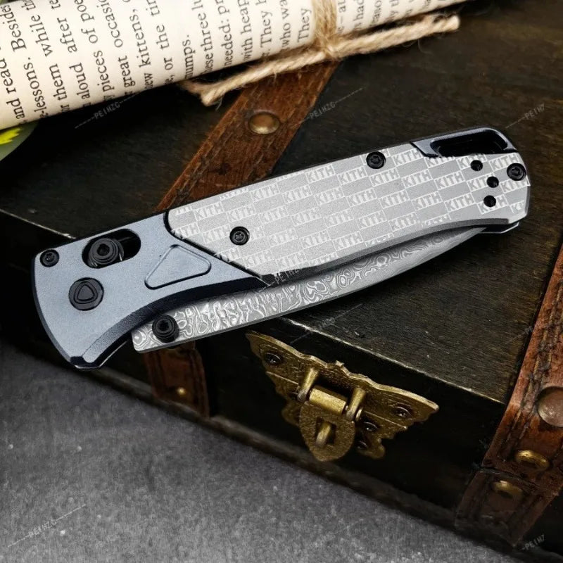 BM 535 Bugout Folding Pocket Knife, 3.15 Inch Stonewashed D2 Steel Blade Engraved Pattern Aluminum Handle 7.36 Inch Overall Length EDC Utility Knife, 4.21 Inch Compact Fold Size for Camping Hiking Bushcraft Daily Carry & Coll