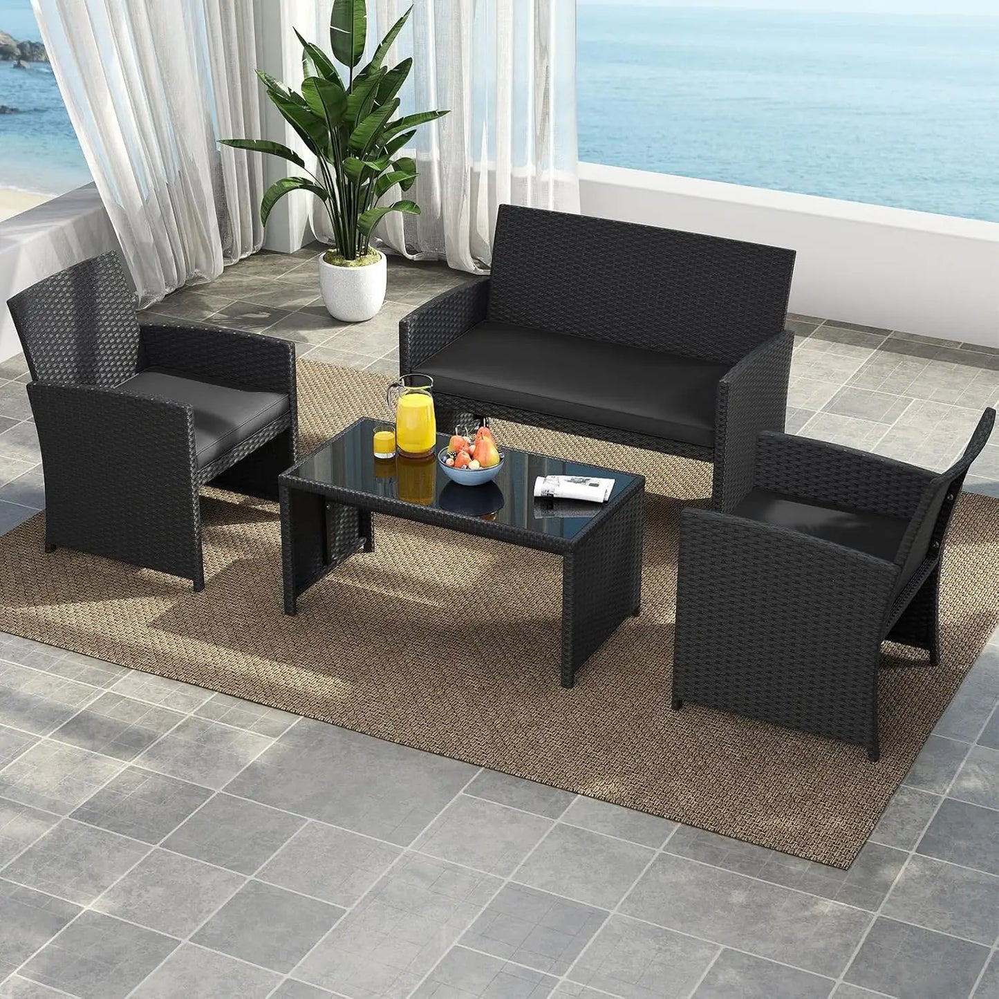 4 Pieces Patio Wicker Furniture Set, Outdoor Heavy Duty Rattan Cushioned Chairs, Loveseat and Tempered Glass Coffee, Customized