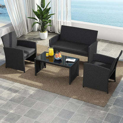4 Pieces Patio Wicker Furniture Set, Outdoor Heavy Duty Rattan Cushioned Chairs, Loveseat and Tempered Glass Coffee, Customized