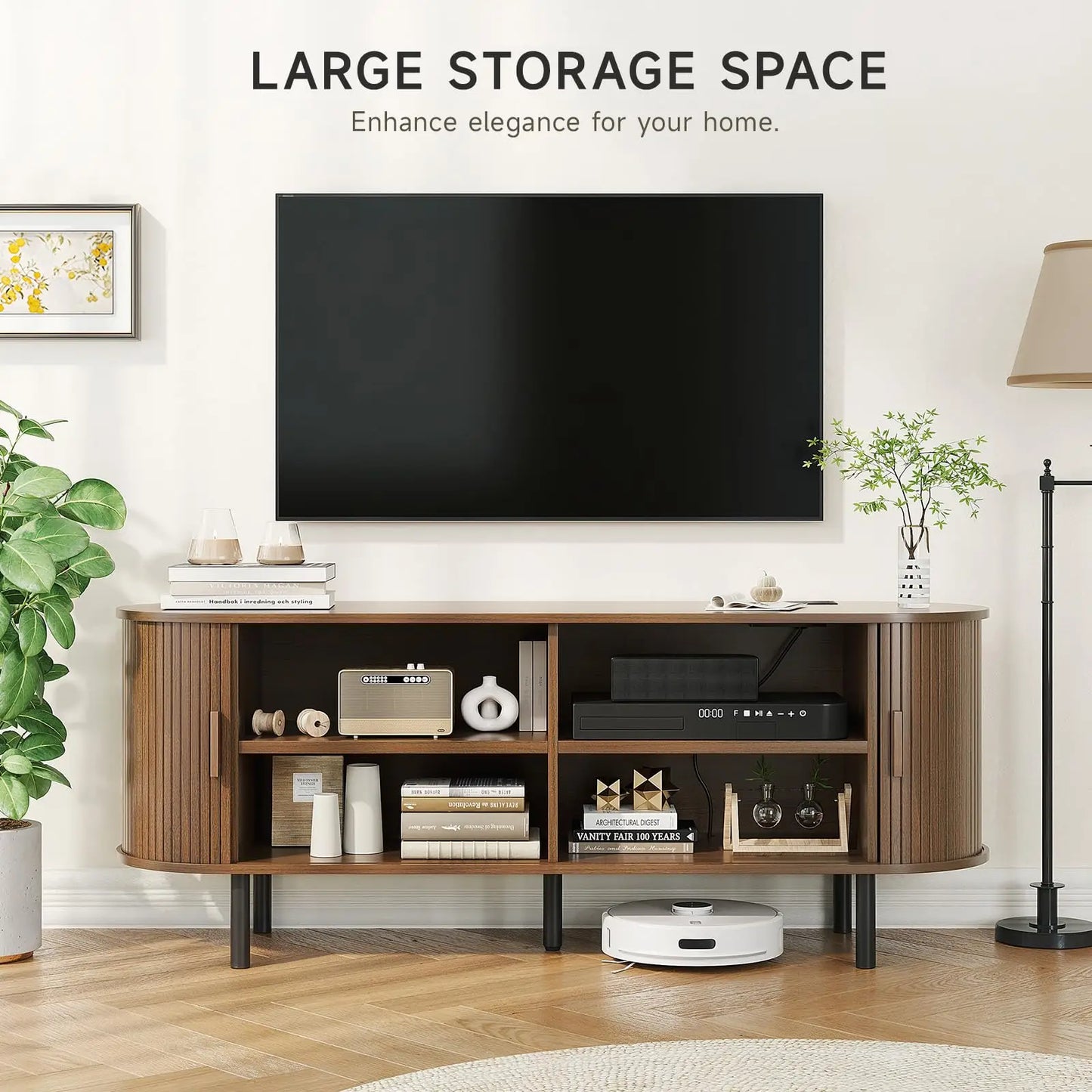 TV Stand Living Room Furniture with Power Outlet for TVs up to 60/70",TV Table with Sliding Doors Storage Adjustable Shelves