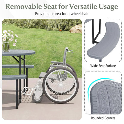 Picnic Table Bench Set for 4-8 Person, Round 37” Outdoor Dining Table w/Umbrella Hole, HDPE Tabletop, Metal Frame,, Customized