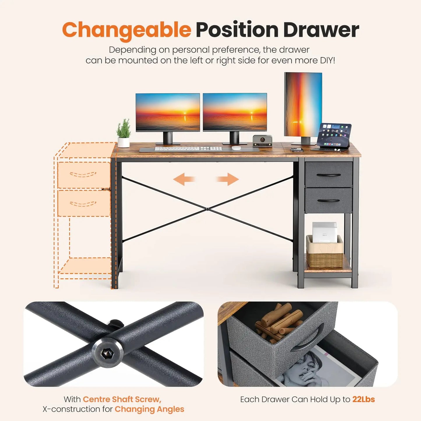 Computer Desk with 2 Drawers For Study Office Gaming Wood Table with Adjustable Position Drawers