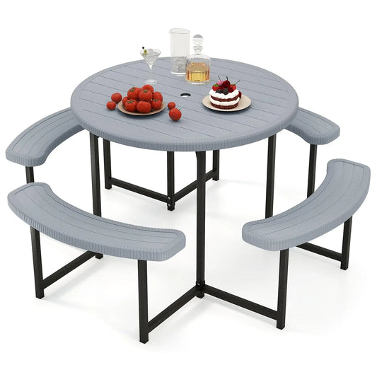 Picnic Table Bench Set for 4-8 Person, Round 37” Outdoor Dining Table w/Umbrella Hole, HDPE Tabletop, Metal Frame,, Customized