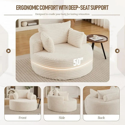 50'' Oversized Round Chaise Lounge Chair, Corduroy Cloud Couch Bed, Comfy Deep Seat, No Assembly, for Living Room, Beige