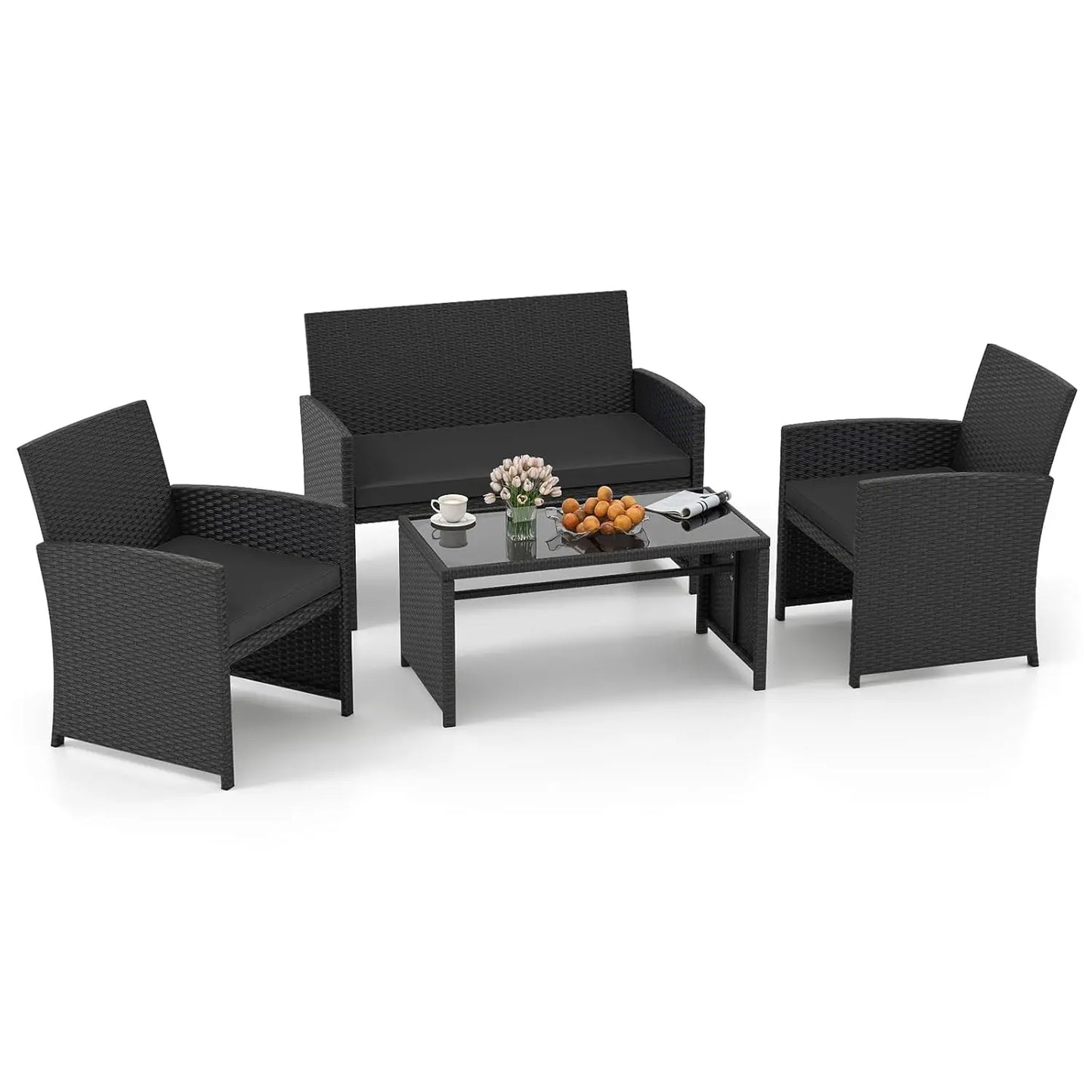 4 Pieces Patio Wicker Furniture Set, Outdoor Heavy Duty Rattan Cushioned Chairs, Loveseat and Tempered Glass Coffee, Customized
