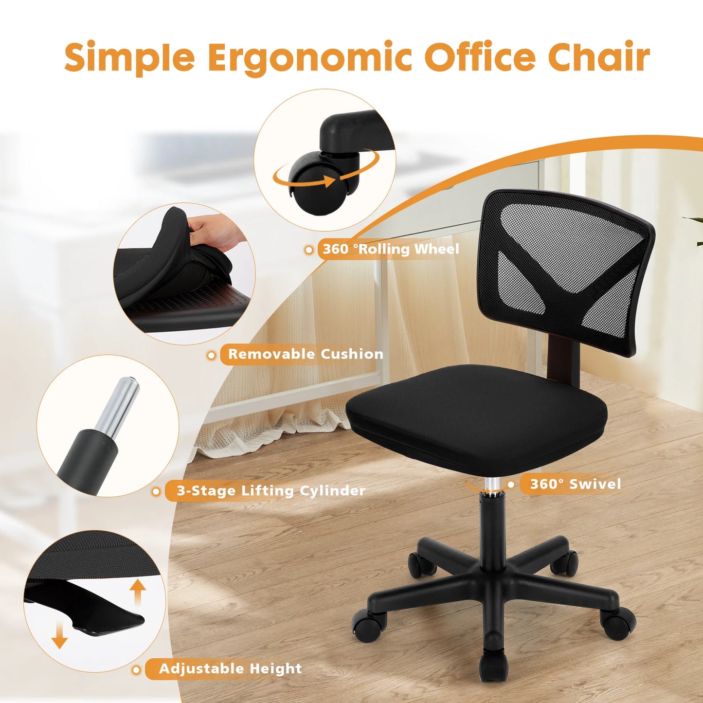 Lumbar Support Armless Low Back with Wheels Adjustable Height 360° Rolling Swivel Computer Chair