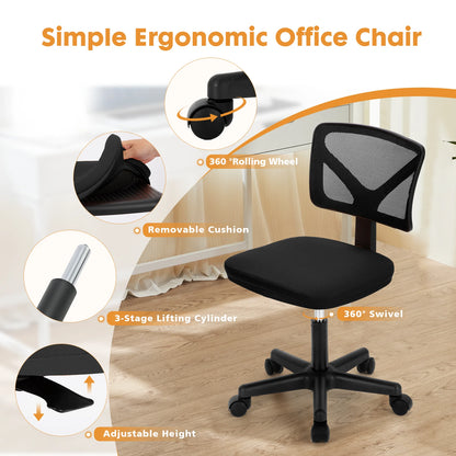 Lumbar Support Armless Low Back with Wheels Adjustable Height 360° Rolling Swivel Computer Chair
