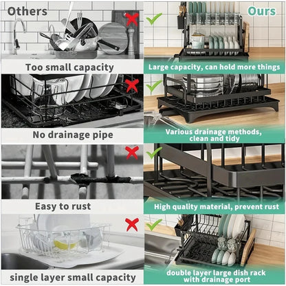 Multifunctional Countertop Dish Rack Kitchen Drain Storage Organizer with Cup Knife Chopsticks Holder New for Home Kitchen Use