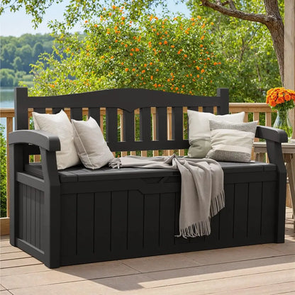 80 Gallon Storage Bench Outdoor Deck Box with Armrest, Patio Furniture,Lockable, Waterproof and UV Resistant, Suitable for Gard