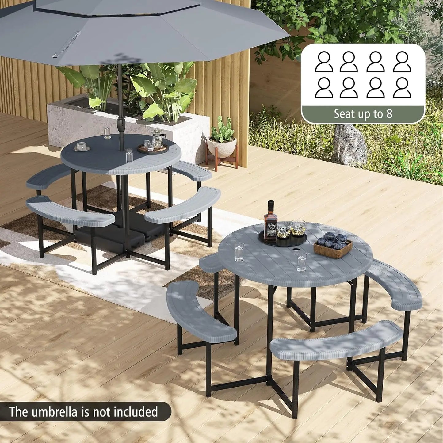 Picnic Table Bench Set for 4-8 Person, Round 37” Outdoor Dining Table w/Umbrella Hole, HDPE Tabletop, Metal Frame,, Customized