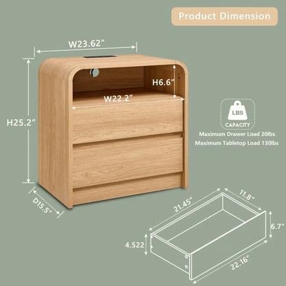 Modern 25 Inch Tall Nightstand with Charging Station, 23.6 Inch Wide Wood Side Table with Two Drawers, Large Mid-Century End Tab