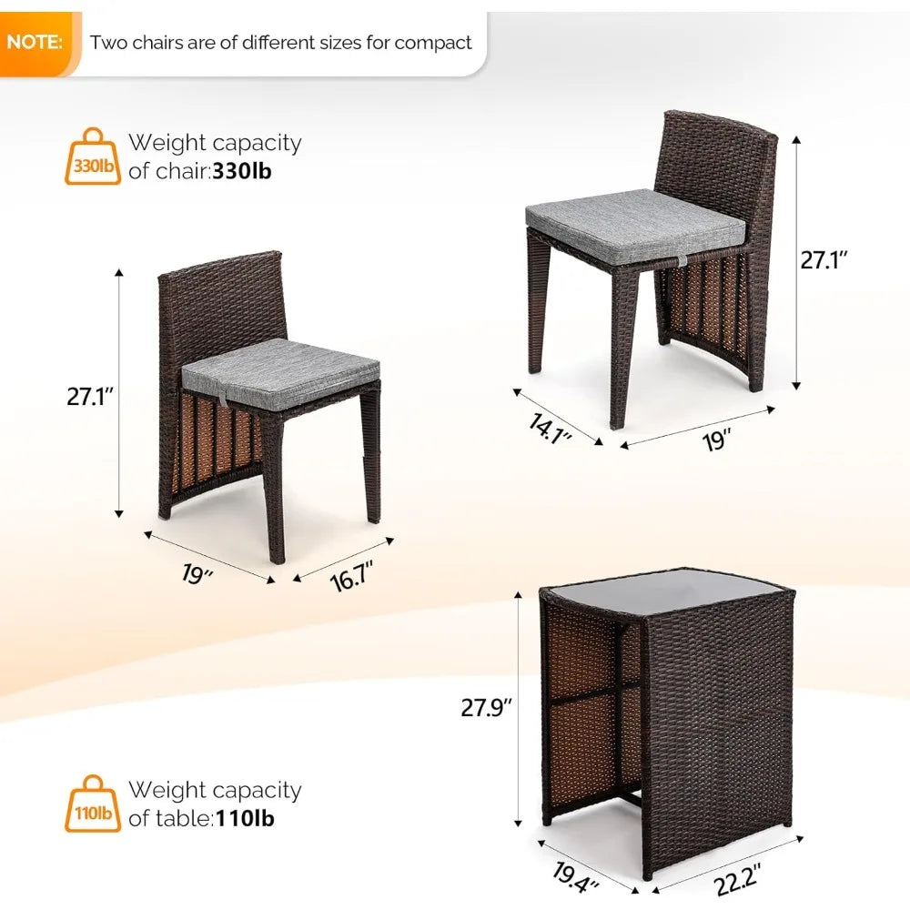 3 PCS Wicker Outdoor Patio Bistro Set, Patio Furniture Set for Small Space with Glass Top Table Dining Chairs, Balcony Furnitur