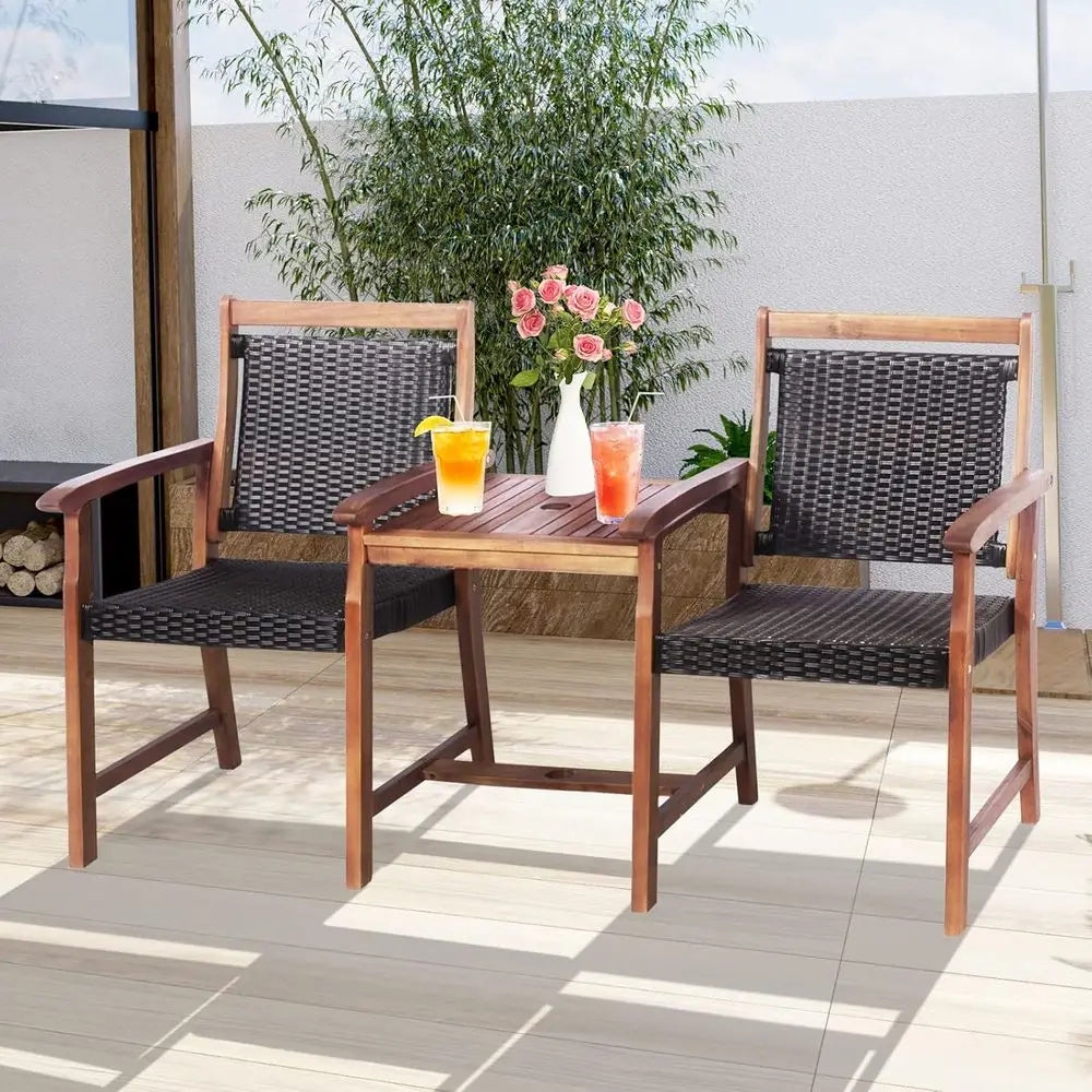 2-Seater Acacia Wood Patio Loveseat with Rattan Wicker, Coffee Table & Parasol Hole, Outdoor Furniture Set for Backyard, Poolsid