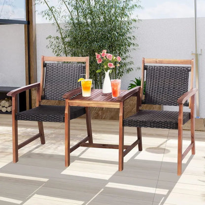 2-Seater Acacia Wood Patio Loveseat with Rattan Wicker, Coffee Table & Parasol Hole, Outdoor Furniture Set for Backyard, Poolsid