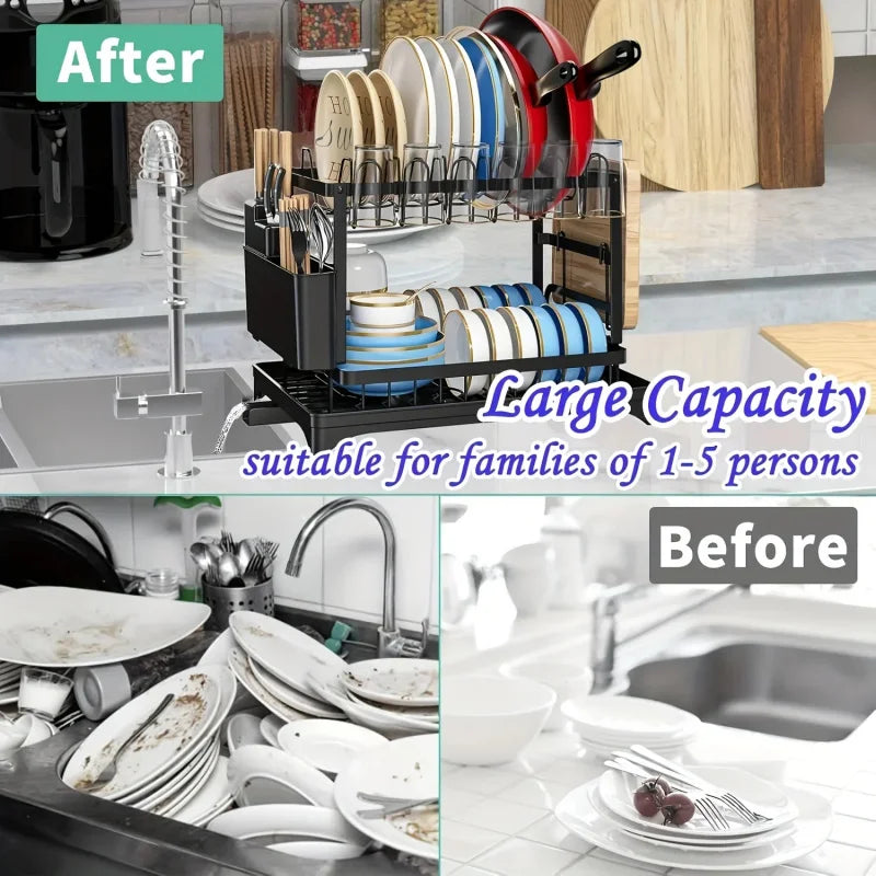 Multifunctional Countertop Dish Rack Kitchen Drain Storage Organizer with Cup Knife Chopsticks Holder New for Home Kitchen Use