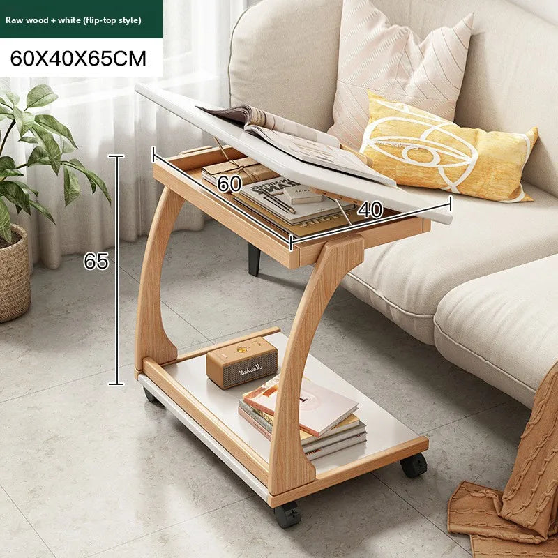 Mobile solid wood coffee table, living room storage rack, living room sofa flip side table, bedroom solid wood bedside table