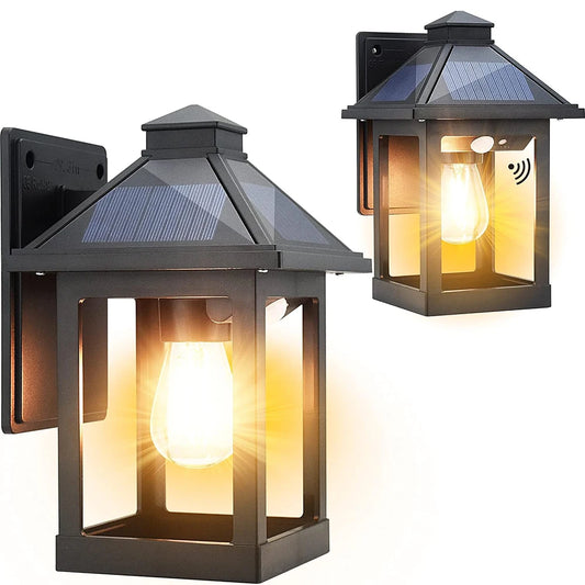 2pcs Solar Powered Wall Lanterns with 3 Modes Dusk to Dawn Motion Sensor
