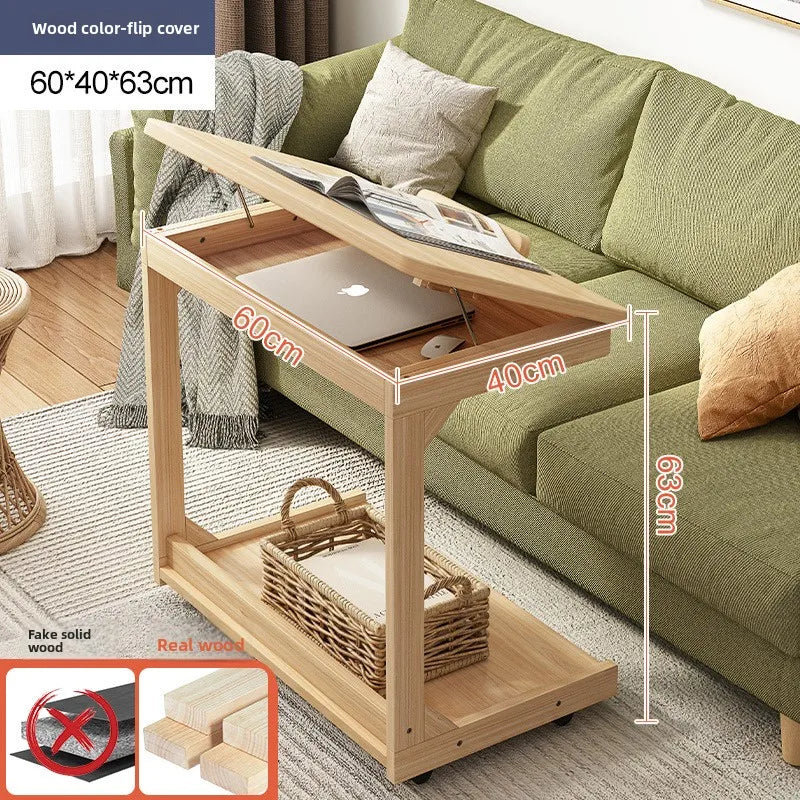Mobile solid wood coffee table, living room storage rack, living room sofa flip side table, bedroom solid wood bedside table