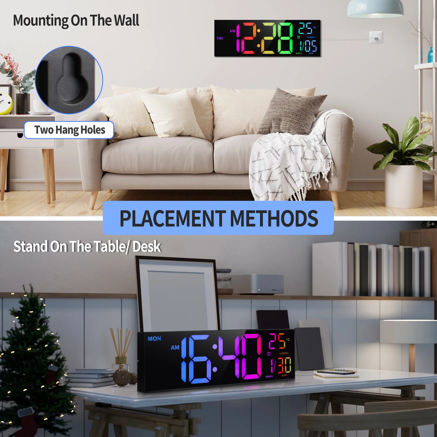 16" Large Digital Wall Clock, Big LED Display with Remote,
