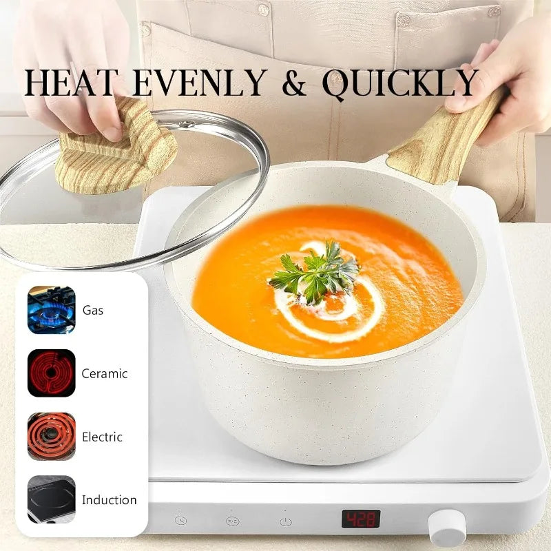 Pots and Pans Set Non Stick - 14 Pcs White Granite Kitchen Cookware Sets Nonstick Induction Cookware Cooking Pan Set with F