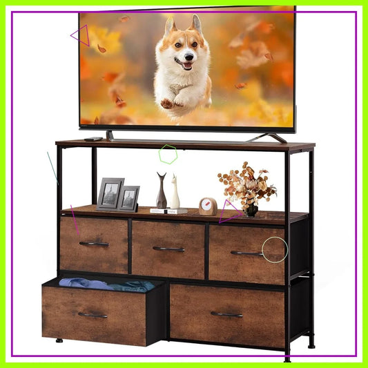 TV Stand with 5 Fabric Drawers, Open Shelf for 45 inch TV,