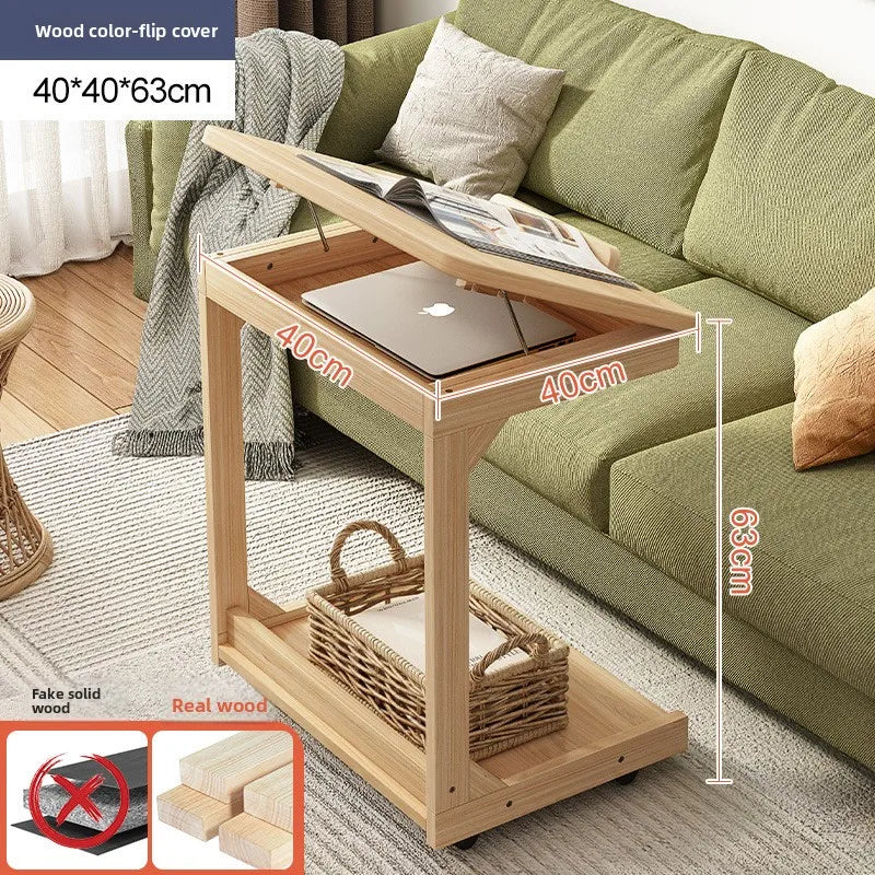 Mobile solid wood coffee table, living room storage rack, living room sofa flip side table, bedroom solid wood bedside table