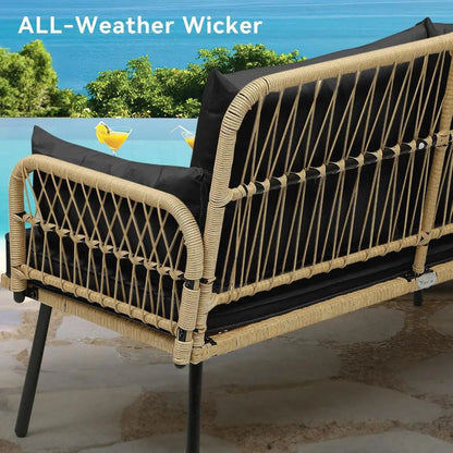 Patio urniture Wicker Outdoor Loveseat, All-Weather Rattan Contion or Backyard, Balcony and Deck with Sot Cushions (Light Brown+