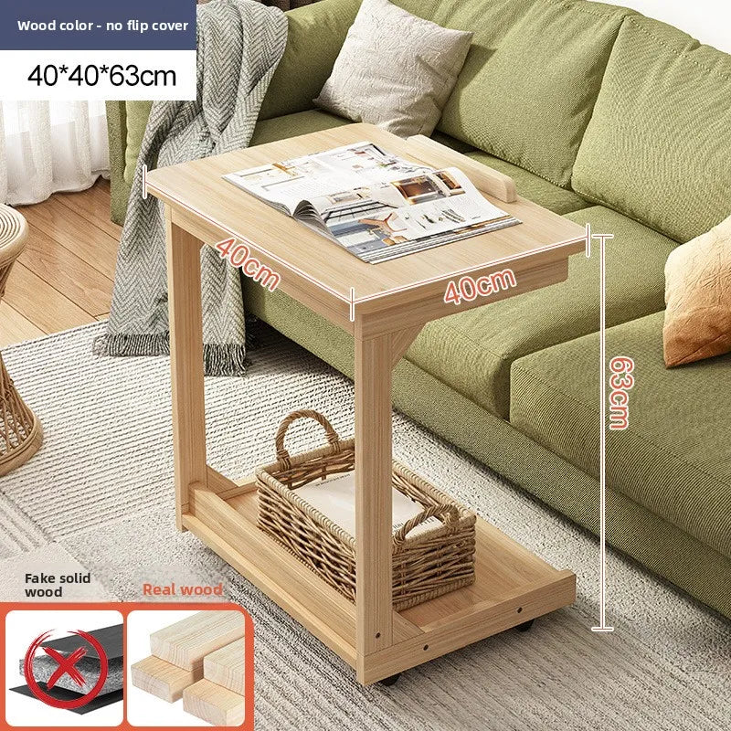 Mobile solid wood coffee table, living room storage rack, living room sofa flip side table, bedroom solid wood bedside table
